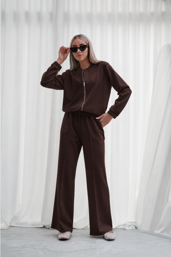Luksusowy Komplet Damski Masełko Bluza Rozpinana + Spodnie Wide Leg Premium Soft Touch Elegancja & Komfort-brązowy